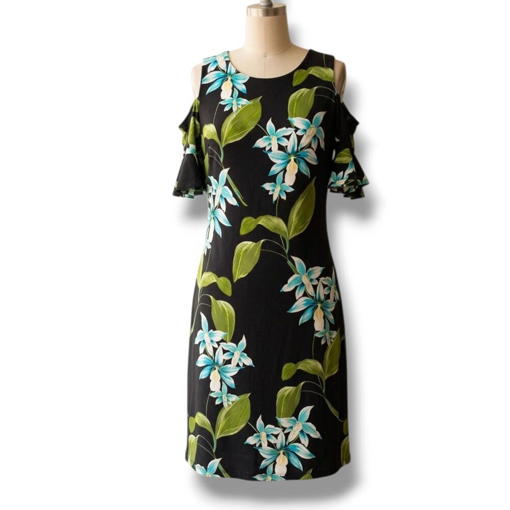 Tommy Hilfiger Black Floral Cold Shoulder Ruffle Sleeve Sheath Dress Size 6
​